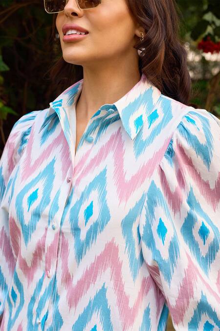 Buy Zazu Blue Cotton Satin Collared Nicosia Ikat Diamond Print Signature Shirt Dress Online at Aza Fashions Buy_Zazu_Blue Cotton Satin Collared Nicosia Ikat Diamond Print Signature Shirt Dress _Online_at_Aza_Fashions