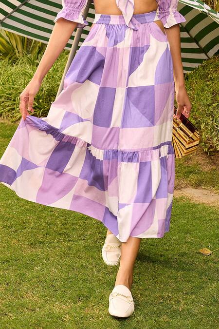 Buy_Zazu_Purple Cotton Satin Plunge Neck Palermo Print Crop Top With Skirt _Online_at_Aza_Fashions