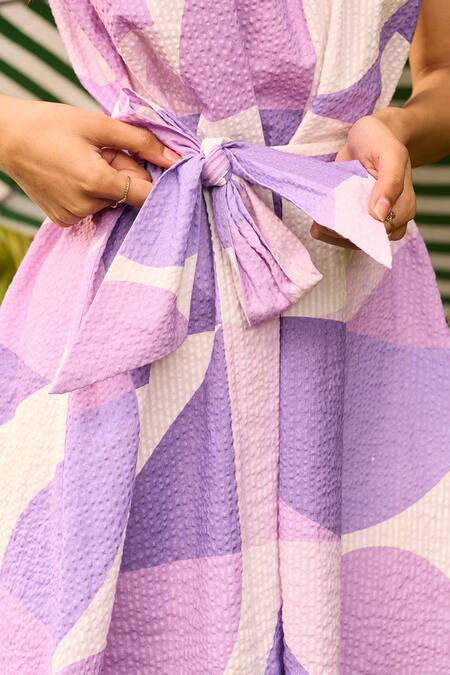 Shop_Zazu_Purple Cotton Halter Neck Palermo Print Short Dress With Belt _Online_at_Aza_Fashions