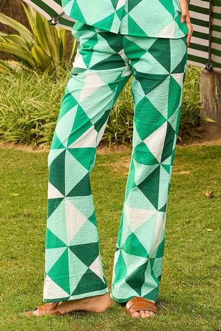 Zazu_Green Cotton Seersucker Print Prism Collar Neck Porto Shirt With Pant _Online_at_Aza_Fashions