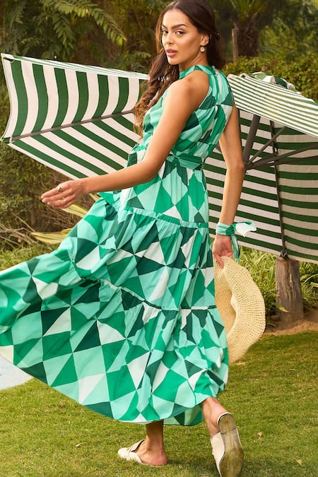 Shop Zazu Green Cotton Satin Halter Neck Porto Prism Print Maxi Dress at Aza Fashions Shop_Zazu_Green Cotton Satin Halter Neck Porto Prism Print Maxi Dress _at_Aza_Fashions