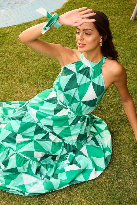 Shop Zazu Green Cotton Satin Halter Neck Porto Prism Print Maxi Dress Online at Aza Fashions Shop_Zazu_Green Cotton Satin Halter Neck Porto Prism Print Maxi Dress _Online_at_Aza_Fashions