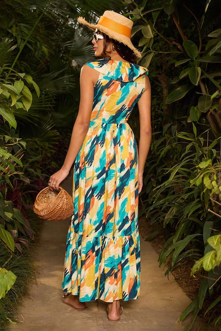 Shop Zazu White Cotton Satin V-neck Sorrento Splash Print Maxi Dress at Aza Fashions Shop_Zazu_White Cotton Satin V-neck Sorrento Splash Print Maxi Dress _at_Aza_Fashions