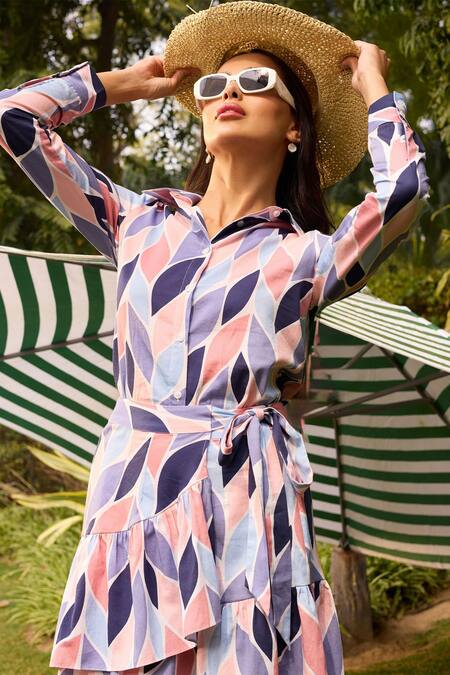 Buy Zazu Multi Color Cotton Satin Valencia Leaf Print Shirt With Ruffle Tiered Skirt Online at Aza Fashions Buy_Zazu_Multi Color Cotton Satin Valencia Leaf Print Shirt With Ruffle Tiered Skirt _Online_at_Aza_Fashions