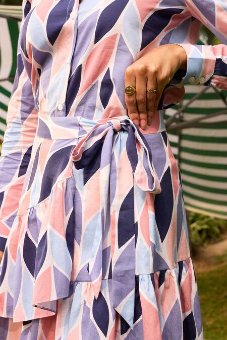 Zazu Multi Color Cotton Satin Valencia Leaf Print Shirt With Ruffle Tiered Skirt at Aza Fashions Zazu_Multi Color Cotton Satin Valencia Leaf Print Shirt With Ruffle Tiered Skirt _at_Aza_Fashions