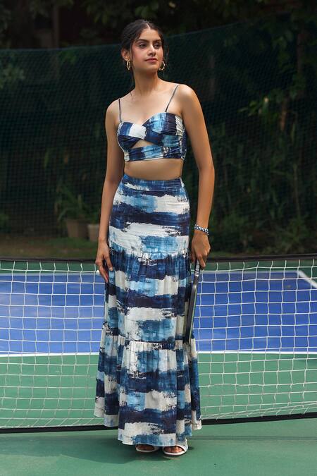 Zazu Blue Cotton Satin Sweetheart Neck Capri Art Print Crop Top With Skirt Online at Aza Fashions Zazu_Blue Cotton Satin Sweetheart Neck Capri Art Print Crop Top With Skirt _Online_at_Aza_Fashions