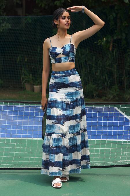 Buy Zazu Blue Cotton Satin Sweetheart Neck Capri Art Print Crop Top With Skirt Online at Aza Fashions Buy_Zazu_Blue Cotton Satin Sweetheart Neck Capri Art Print Crop Top With Skirt _Online_at_Aza_Fashions