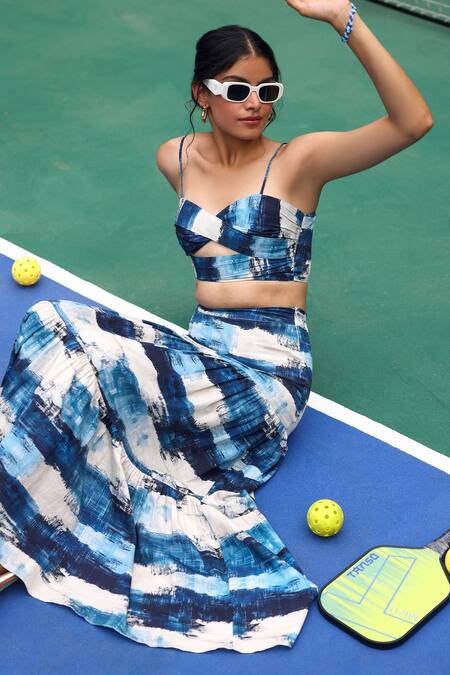 Shop Zazu Blue Cotton Satin Sweetheart Neck Capri Art Print Crop Top With Skirt Online at Aza Fashions Shop_Zazu_Blue Cotton Satin Sweetheart Neck Capri Art Print Crop Top With Skirt _Online_at_Aza_Fashions