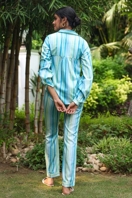 Shop Zazu Blue Cotton Satin Collared Mallorca Distinct Line Print Shirt With Pant at Aza Fashions Shop_Zazu_Blue Cotton Satin Collared Mallorca Distinct Line Print Shirt With Pant _at_Aza_Fashions