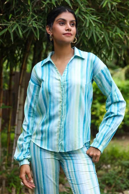 Zazu Blue Cotton Satin Collared Mallorca Distinct Line Print Shirt With Pant Online at Aza Fashions Zazu_Blue Cotton Satin Collared Mallorca Distinct Line Print Shirt With Pant _Online_at_Aza_Fashions