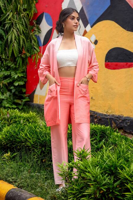Zazu_Pink Cotton Satin Open Neck Venice Ombre Jacket And Flared Trouser Set _Online_at_Aza_Fashions