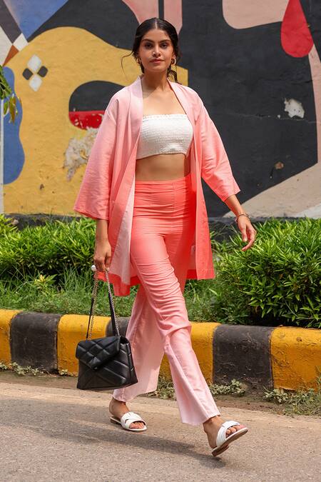 Shop_Zazu_Pink Cotton Satin Open Neck Venice Ombre Jacket And Flared Trouser Set _Online_at_Aza_Fashions