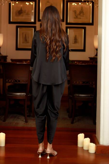 Shop Zazu Black Polyester Sequins Open Neck, Square Coin Embellished Jacket Dhoti Pant Set at Aza Fashions Shop_Zazu_Black Polyester Sequins Open Neck, Square Coin Embellished Jacket Dhoti Pant Set_at_Aza_Fashions