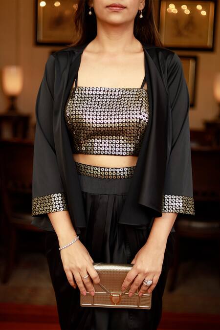 Buy Zazu Black Polyester Sequins Open Neck, Square Coin Embellished Jacket Dhoti Pant Set Online at Aza Fashions Buy_Zazu_Black Polyester Sequins Open Neck, Square Coin Embellished Jacket Dhoti Pant Set_Online_at_Aza_Fashions