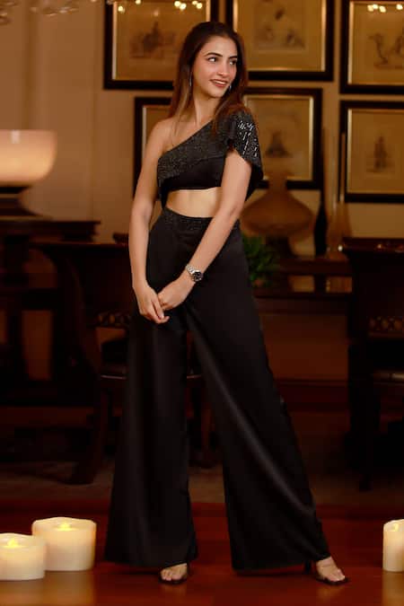 Zazu Sequin Embellished One Shoulder Top With Flared Pant 