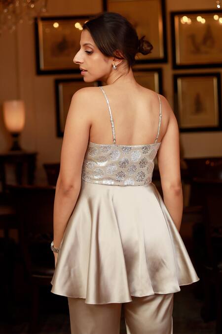 Shop_Zazu_Grey Polyester Embroidery Sweetheart Neck Flora Pattern Peplum Top With Gharara_at_Aza_Fashions