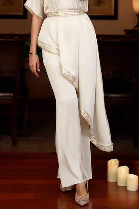 Zazu_Ivory Polyester Embroidery One Aztec Border Asymmetric Kurta Sharara Set _Online_at_Aza_Fashions