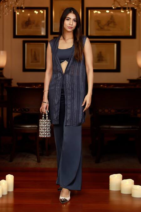 Zazu_Navy Polyester Embroidery Open Neck Embellished Stripe Kurta Set _Online_at_Aza_Fashions
