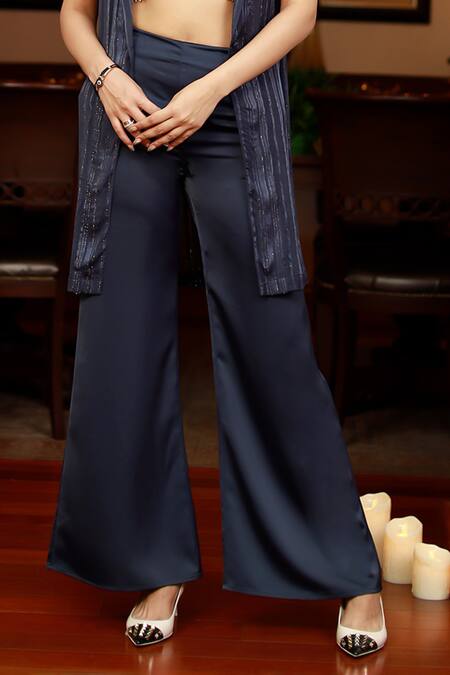 Zazu_Navy Polyester Embroidery Open Neck Embellished Stripe Kurta Set _at_Aza_Fashions