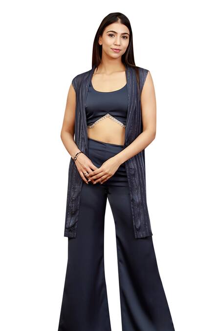 Buy_Zazu_Navy Polyester Embroidery Open Neck Embellished Stripe Kurta Set 