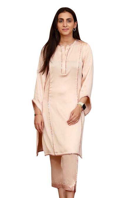 Buy_Zazu_Peach Polyester Sequins Round Neck Panel Embellished Kurta With Pant _Online_at_Aza_Fashions
