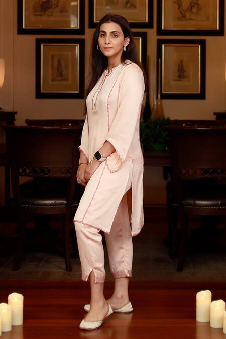 Shop_Zazu_Peach Polyester Sequins Round Neck Panel Embellished Kurta With Pant _Online_at_Aza_Fashions