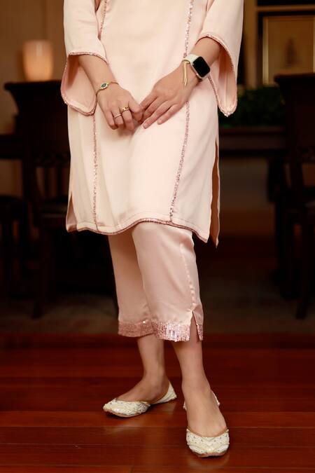 Zazu_Peach Polyester Sequins Round Neck Panel Embellished Kurta With Pant _at_Aza_Fashions