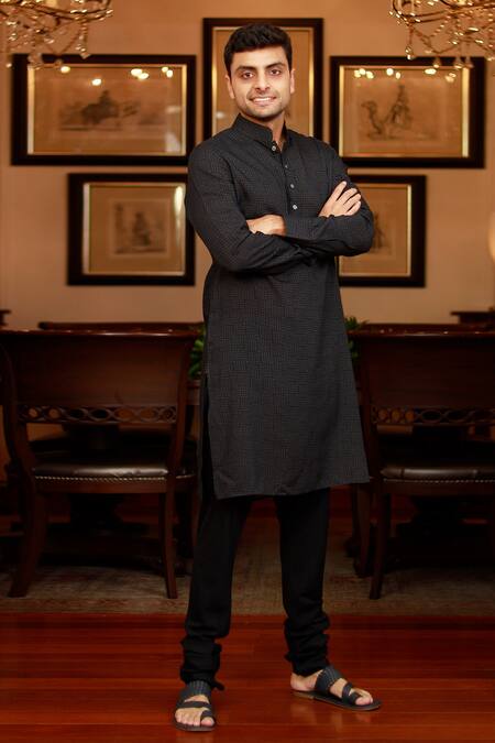 Shop_Zazu_Black Cotton Swerve Maze Print Kurta With Churidar _Online_at_Aza_Fashions