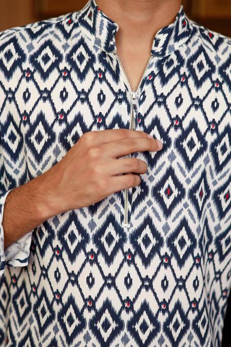 Shop_Zazu_White Cotton Ikat Prism Print Kurta With Churidar _Online_at_Aza_Fashions