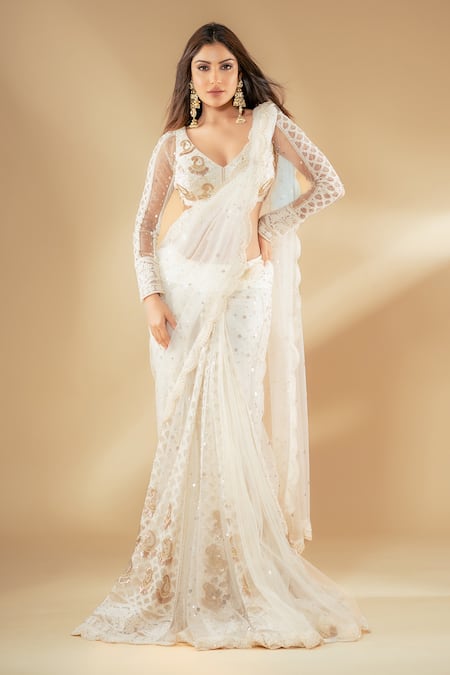 Archana Kochhar Ivory Net Embroidered Pearl V-neck Lucknowi Pre-draped Saree With Blouse 