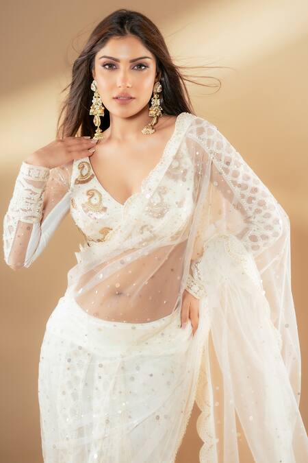 Buy Archana Kochhar Ivory Net Pearls, Sequins, Stones, Lucknowi Pre-draped Saree With Blouse Buy_Archana Kochhar_Ivory Net Pearls, Sequins, Stones, Lucknowi Pre-draped Saree With Blouse
