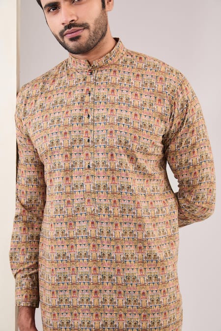 Rabani & Rakha_Gold Crepe Embroidery Mughal Print Kurta With Pant _Online_at_Aza_Fashions