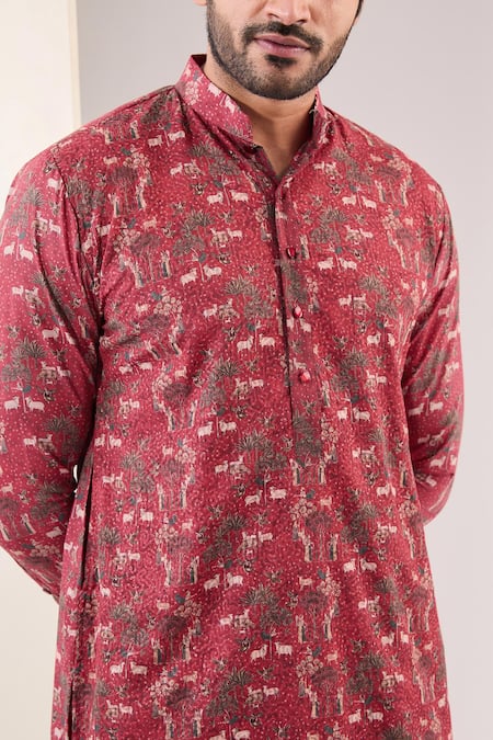 Rabani & Rakha_Red Georgette Embroidery Pichwai Print Kurta With Pant _Online_at_Aza_Fashions