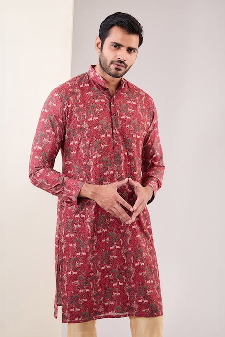 Buy_Rabani & Rakha_Red Georgette Embroidery Pichwai Print Kurta With Pant _Online_at_Aza_Fashions