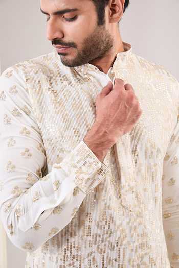 Rabani & Rakha Off White Georgette, Cotton Sequins Embroidered Kurta With Pant Online at Aza Fashions Rabani & Rakha_Off White Georgette, Cotton Sequins Embroidered Kurta With Pant _Online_at_Aza_Fashions