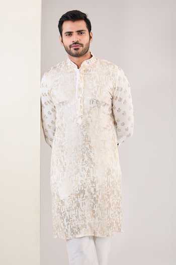 Buy Rabani & Rakha Off White Georgette, Cotton Sequins Embroidered Kurta With Pant Online at Aza Fashions Buy_Rabani & Rakha_Off White Georgette, Cotton Sequins Embroidered Kurta With Pant _Online_at_Aza_Fashions