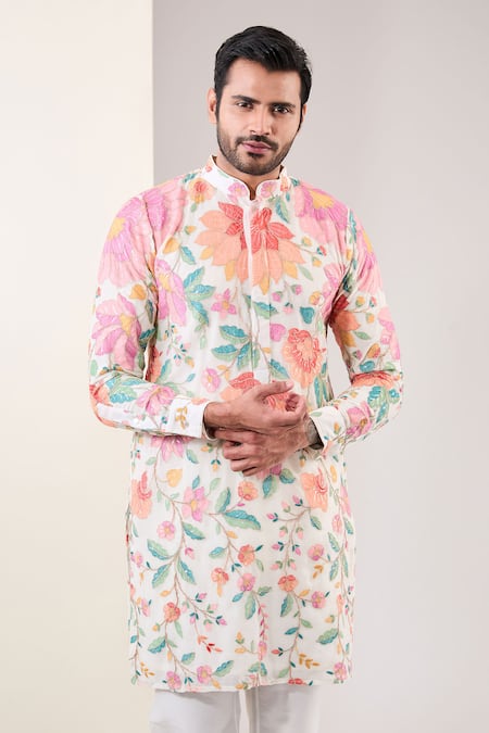 Rabani & Rakha Off White Georgette, Cotton Embroidery Thread Kurta And Pant Set Online at Aza Fashions Rabani & Rakha_Off White Georgette, Cotton Embroidery Thread Kurta And Pant Set _Online_at_Aza_Fashions
