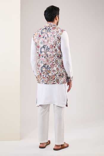 Shop Rabani & Rakha Off White Cotton, Silk Embroidery, Gota Floral Embellished Bundi Kurta Set at Aza Fashions Shop_Rabani & Rakha_Off White Cotton, Silk Embroidery, Gota Floral Embellished Bundi Kurta Set _at_Aza_Fashions