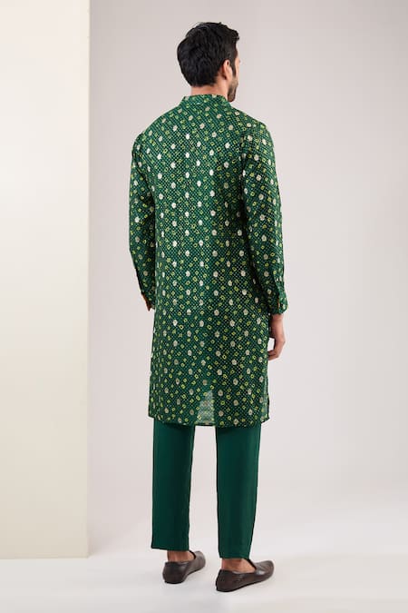 Shop Rabani & Rakha Green Silk Zari, Sequins Bandhani Detailed Kurta With Pant at Aza Fashions Shop_Rabani & Rakha_Green Silk Zari, Sequins Bandhani Detailed Kurta With Pant _at_Aza_Fashions