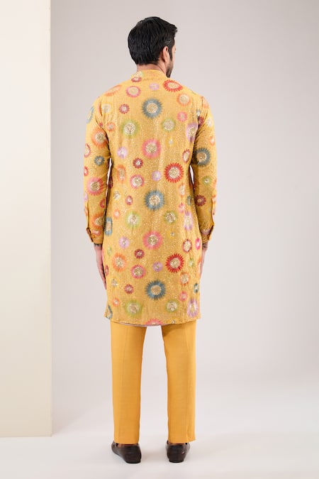 Shop_Rabani & Rakha_Yellow Georgette, Cotton Sequins Embroidered Kurta Pant Set _at_Aza_Fashions