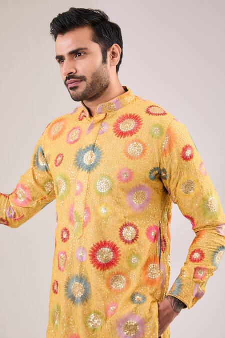 Buy_Rabani & Rakha_Yellow Georgette, Cotton Sequins Embroidered Kurta Pant Set _Online_at_Aza_Fashions