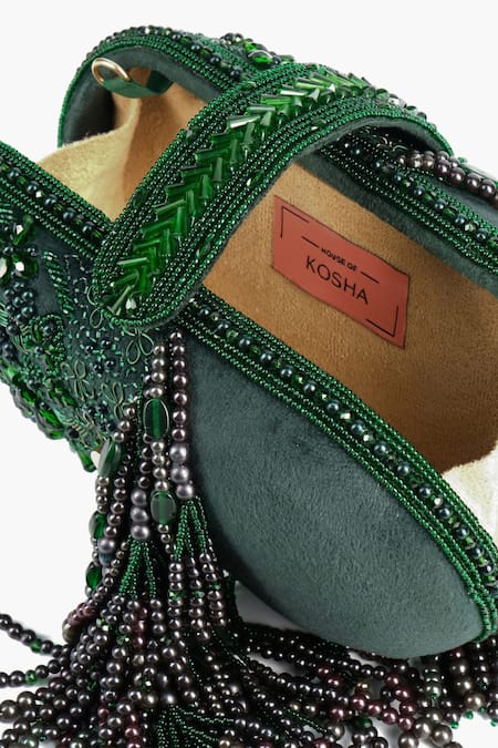 Buy House Of Kosha Green Cut Work, Pearls Azmat Tassel Embellished Capsule Bag Online at Aza Fashions Buy_House Of Kosha_Green Cut Work, Pearls Azmat Tassel Embellished Capsule Bag _Online_at_Aza_Fashions
