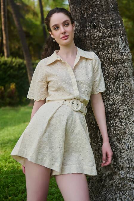 Verano By Tanya Ivory Cotton Embroidery, Cut Work Camila Thread Flared Shorts Online at Aza Fashions Verano By Tanya_Ivory Cotton Embroidery, Cut Work Camila Thread Flared Shorts _Online_at_Aza_Fashions