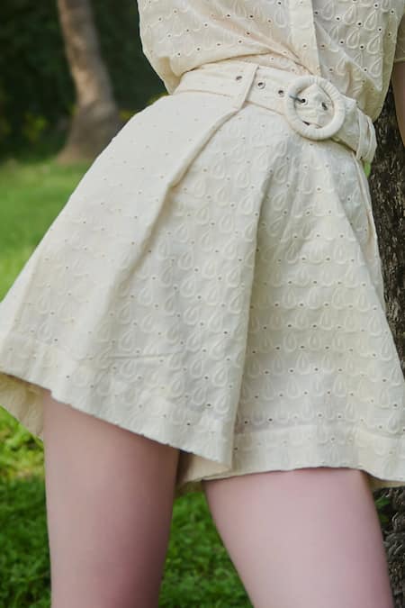 Buy Verano By Tanya Ivory Cotton Embroidery, Cut Work Camila Thread Flared Shorts Online at Aza Fashions Buy_Verano By Tanya_Ivory Cotton Embroidery, Cut Work Camila Thread Flared Shorts _Online_at_Aza_Fashions