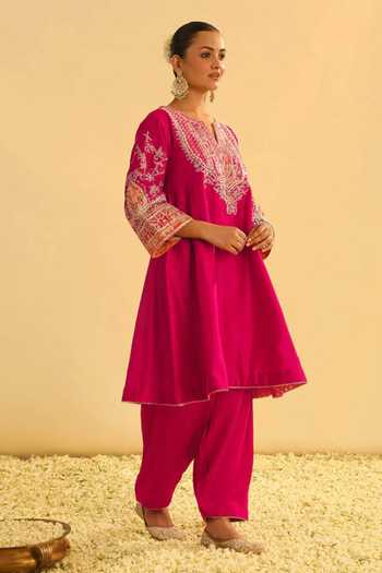 Sheetal Batra_Pink Silk, Chanderi, Bamboo Gota Patti, Mohsina Kalidar Choga Kurta And Pant Set _Online_at_Aza_Fashions