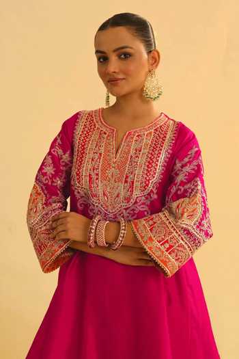 Buy_Sheetal Batra_Pink Silk, Chanderi, Bamboo Gota Patti, Mohsina Kalidar Choga Kurta And Pant Set _Online_at_Aza_Fashions