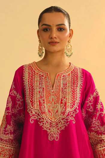 Shop_Sheetal Batra_Pink Silk, Chanderi, Bamboo Gota Patti, Mohsina Kalidar Choga Kurta And Pant Set _Online_at_Aza_Fashions