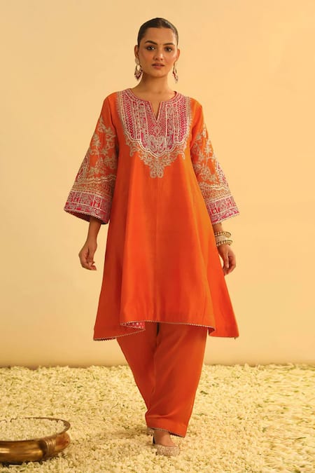 Sheetal Batra Orange Kurta Silk Chanderi Embroidery Mohsina Paisley Kalidar And Pant Set 