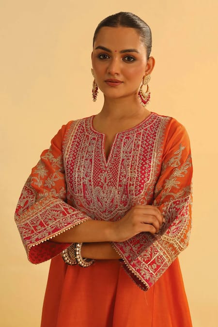 Buy_Sheetal Batra_Orange Silk, Chanderi, Mohsina Paisley Embroidered Kalidar Kurta And Pant Set _Online_at_Aza_Fashions