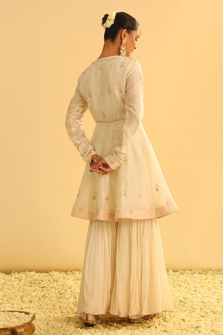 Shop_Sheetal Batra_Ivory Organza, Georgette, Shahana Floral Yoke Peplum Kurta Set _at_Aza_Fashions